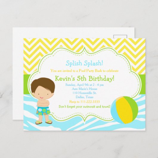 Brünett Boy Pool Party Bash Party Postkarte (Vorne/Hinten)