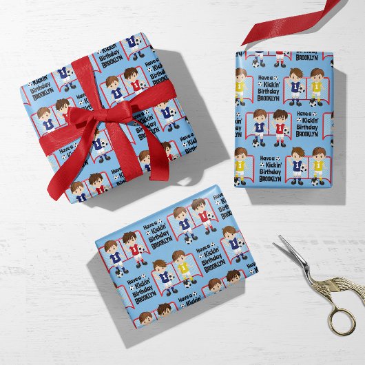 Brünett Boy Soccer Personalisiert Geschenkpapier Set