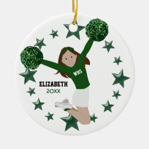 Brünett Cheerleader Pom Poms Green & White Keramikornament