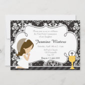 Brünett Girl First Kommune Damask Einladung (Vorderseite)