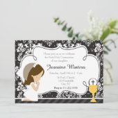 Brünett Girl First Kommune Damask Einladung (Stehend Vorderseite)