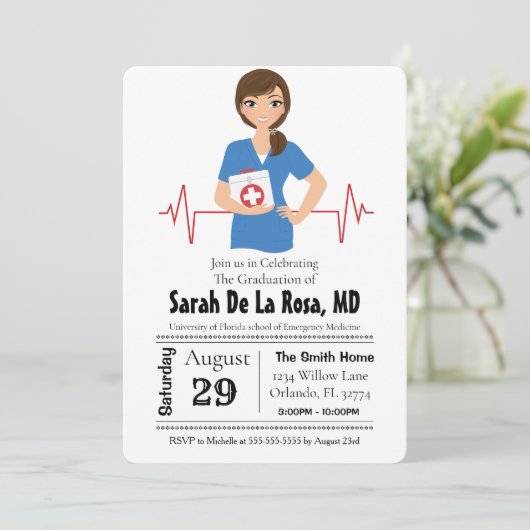 Brünett Girl Medical School Abschluss Einladung (Stehend Vorderseite)