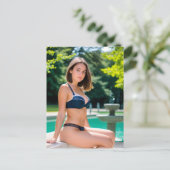Brünett in Ihrer Fingerie am Pool Postkarte (Stehend Vorderseite)