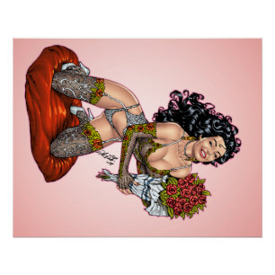 Brünett in Lingerie mit Rose Illustration Poster
