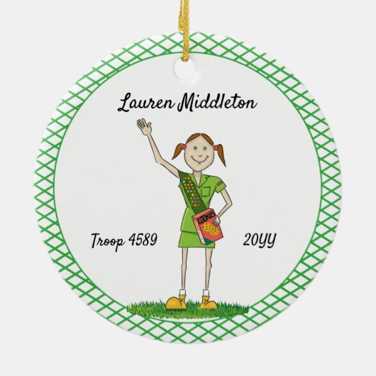 Brünett Junior Girl Scouting Green Crosshatch Keramik Ornament (Hinten)