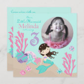 Brünett Mermaid Dritter Geburtstag Einladung (Vorne/Hinten)