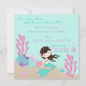 Brünett Mermaid Dritter Geburtstag Einladung (Rückseite)