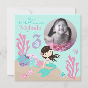 Brünett Mermaid Dritter Geburtstag Einladung