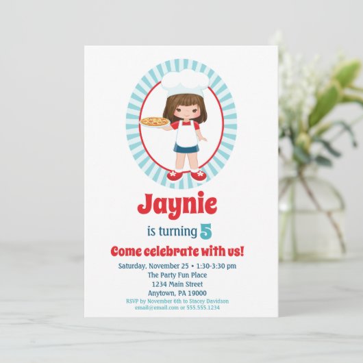 Brünett Pizza Party Girls Geburtstag Einladung (Stehend Vorderseite)