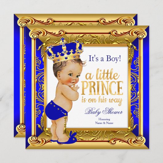 Brünett Prince Baby Dusche Blue Imitate Gold Einladung (Vorne/Hinten)