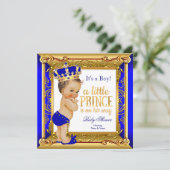 Brünett Prince Baby Dusche Blue Imitate Gold Einladung (Stehend Vorderseite)