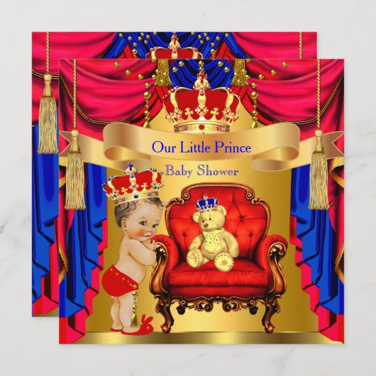 Brünett Prince Baby Dusche Gold Bear Red Blue Einladung (Vorne/Hinten)
