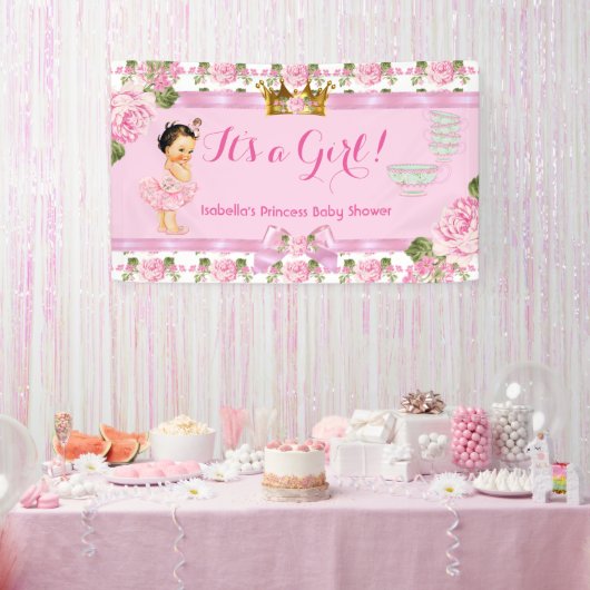 Brünett Princess Baby Dusche Rosa Rosen Tee Party Banner (Party)