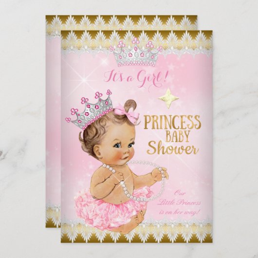 Brünett Princess Baby Dusche Rosa Tutu Gold Einladung (Vorne/Hinten)