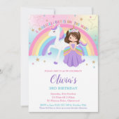 Brünett Princess Unicorn Birthday Rainbow Einladung (Vorderseite)