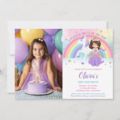 Brünett Princess Unicorn Birthday Rainbow Foto Einladung (Vorderseite)