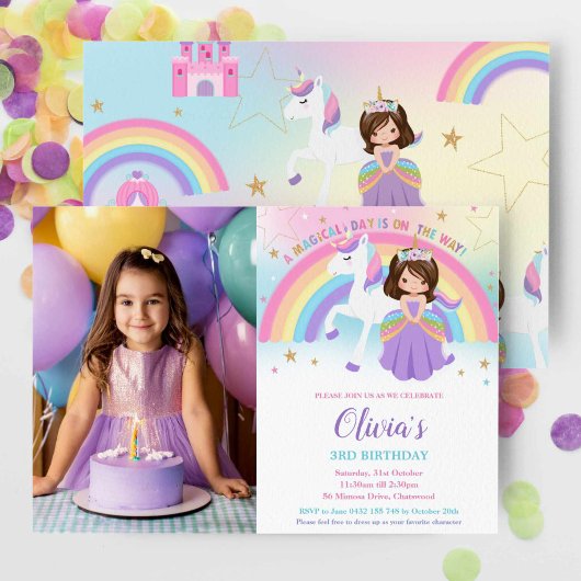 Brünett Princess Unicorn Birthday Rainbow Foto Einladung