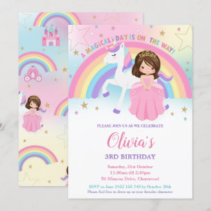 Brünett Princess Unicorn Birthday Rainbow Inv Einladung