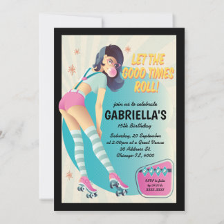 Brünett Retro Roller Skaten Geburtstagsparty Einladung