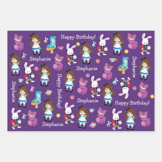Brünette Alice-Abenteuer im Wunderland Geschenkpapier Set (Vorderseite)