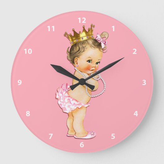 Brünette Baby-Prinzessin und Perlen-Rosa Große Wanduhr (Vorderseite)