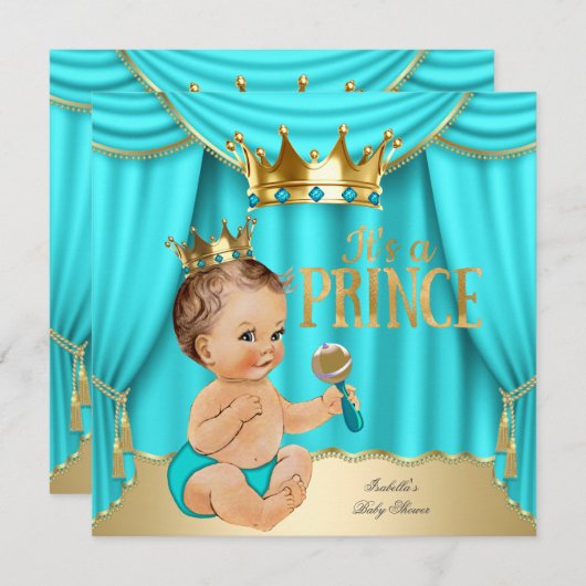 Brünette Babydusche Prinz Aqua Blue Gold Crown Einladung (Vorne/Hinten)