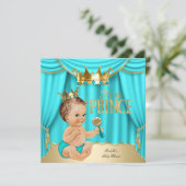 Brünette Babydusche Prinz Aqua Blue Gold Crown Einladung (Stehend Vorderseite)