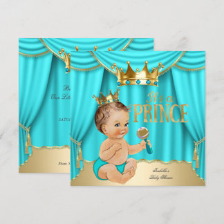 Brünette Babydusche Prinz Aqua Blue Gold Crown Einladung