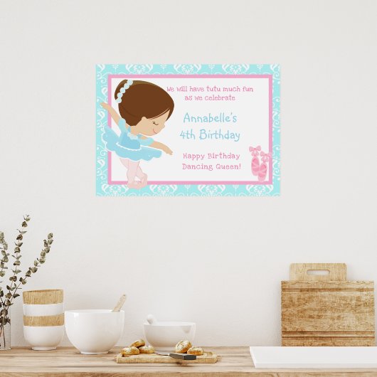 Brünette Ballerina & Blue Damask Poster (Küche)