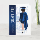 Brünette Blue Cap und Gown Graduate Karte (Vorderseite)