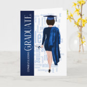 Brünette Blue Cap und Gown Graduate Karte (Gelbe Blume)