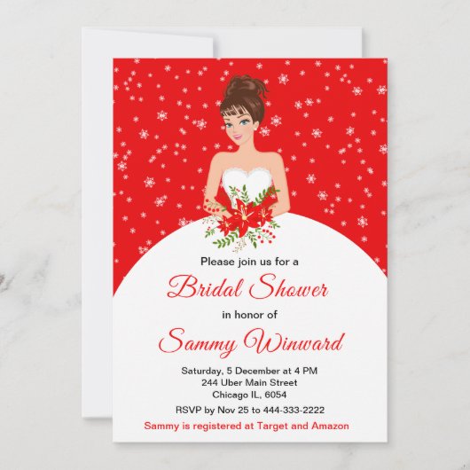 Brünette Bride Snowflake Rotes Brautparty Einladung (Vorderseite)