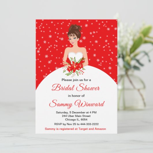 Brünette Bride Snowflake Rotes Brautparty Einladung (Stehend Vorderseite)
