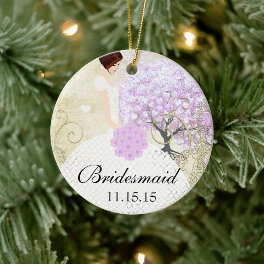 Brünette Bridesmaid spendet Lavender Heart Leaf Tr Keramik Ornament (Baum)