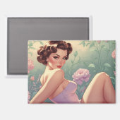 Brünette Button-Up Pastel-Blume Magnet (Vorderseite/Rückseite)