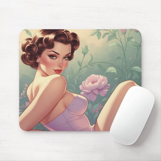 Brünette Button-Up Pastel-Blume Mousepad (Mit Mouse)