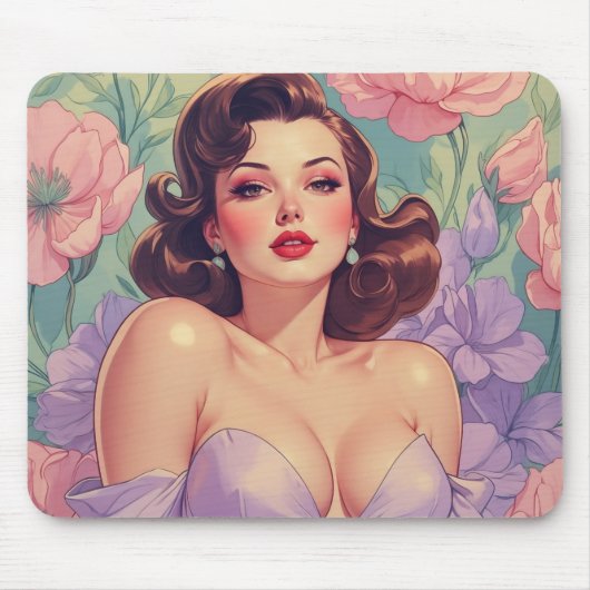 Brünette Button-Up Pastel-Blume Mousepad (Vorne)