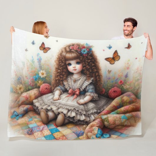 Brünette Curly-Hair-Puppe auf Quilt Fleecedecke (Beispiel)