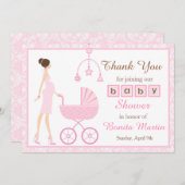 Brünette Frauendusche aus Pink Damask Dankeskarte (Vorne/Hinten)