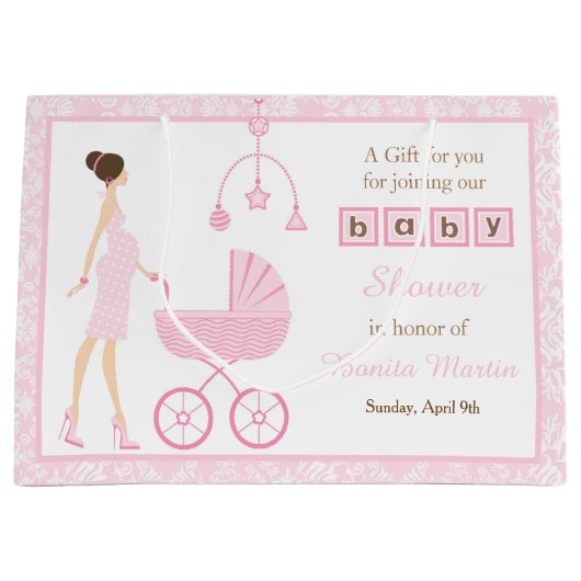 Brünette Frauendusche aus Pink Damask Große Geschenktüte (Vorderseite)