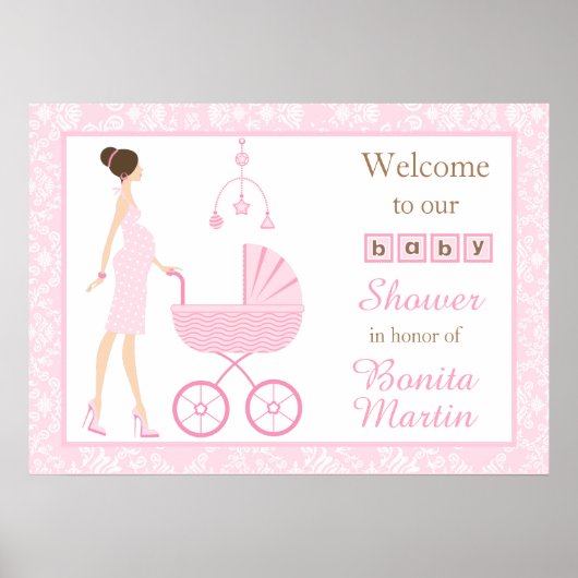 Brünette Frauendusche aus Pink Damask Poster (Vorne)