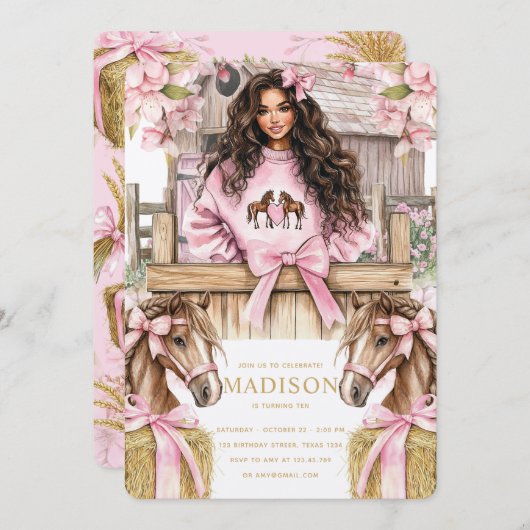 Brunette Girl Horse Birthday Invitation Einladung (Vorne/Hinten)