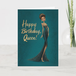 Brunette Girl in Dark Teal Gown Happy BDay Queen Karte