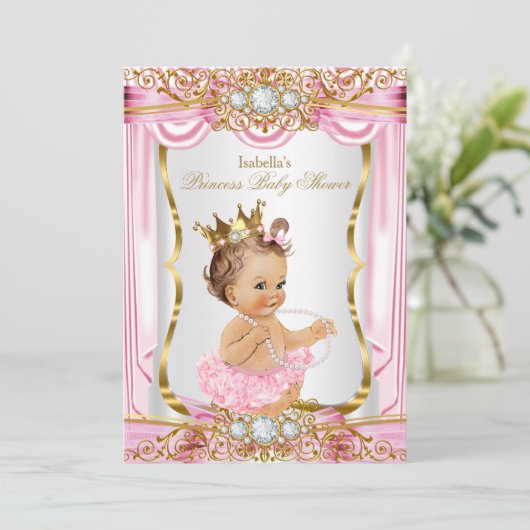 Brünette Girl Princess Kinderdusche Rosa Seide Gol Einladung (Stehend Vorderseite)
