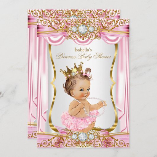 Brünette Girl Princess Kinderdusche Rosa Seide Gol Einladung (Vorne/Hinten)