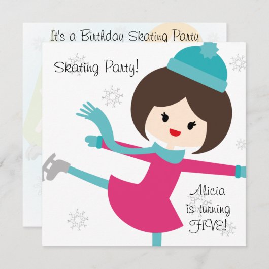 Brünette Girl Skaten zum Geburtstag Einladung (Vorne/Hinten)