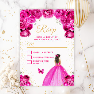 Brünette Haarprinzessin in heißen Rosa und Gold RSVP Karte