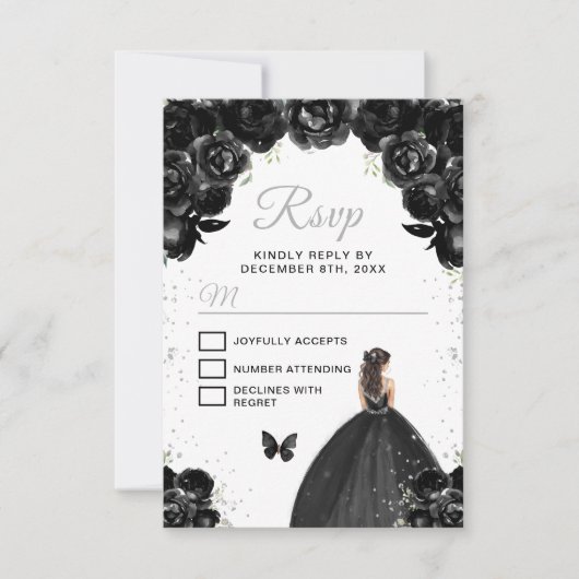 Brünette Haarprinzessin in Schwarz und Silber RSVP Karte (Vorderseite)