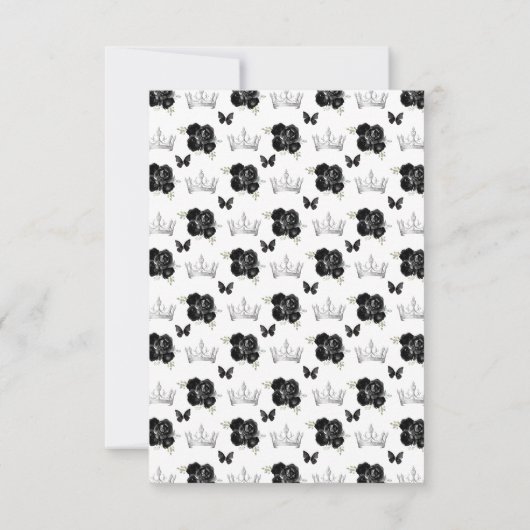 Brünette Haarprinzessin in Schwarz und Silber RSVP Karte (Rückseite)