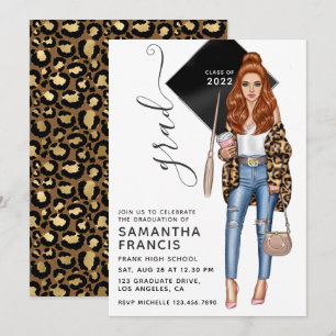 Brünette Leopard Girl Graduation Party - Einladung